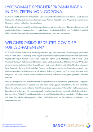 Informationsblatt zu den Risiken für LSD-Patienten bei COVID-19
